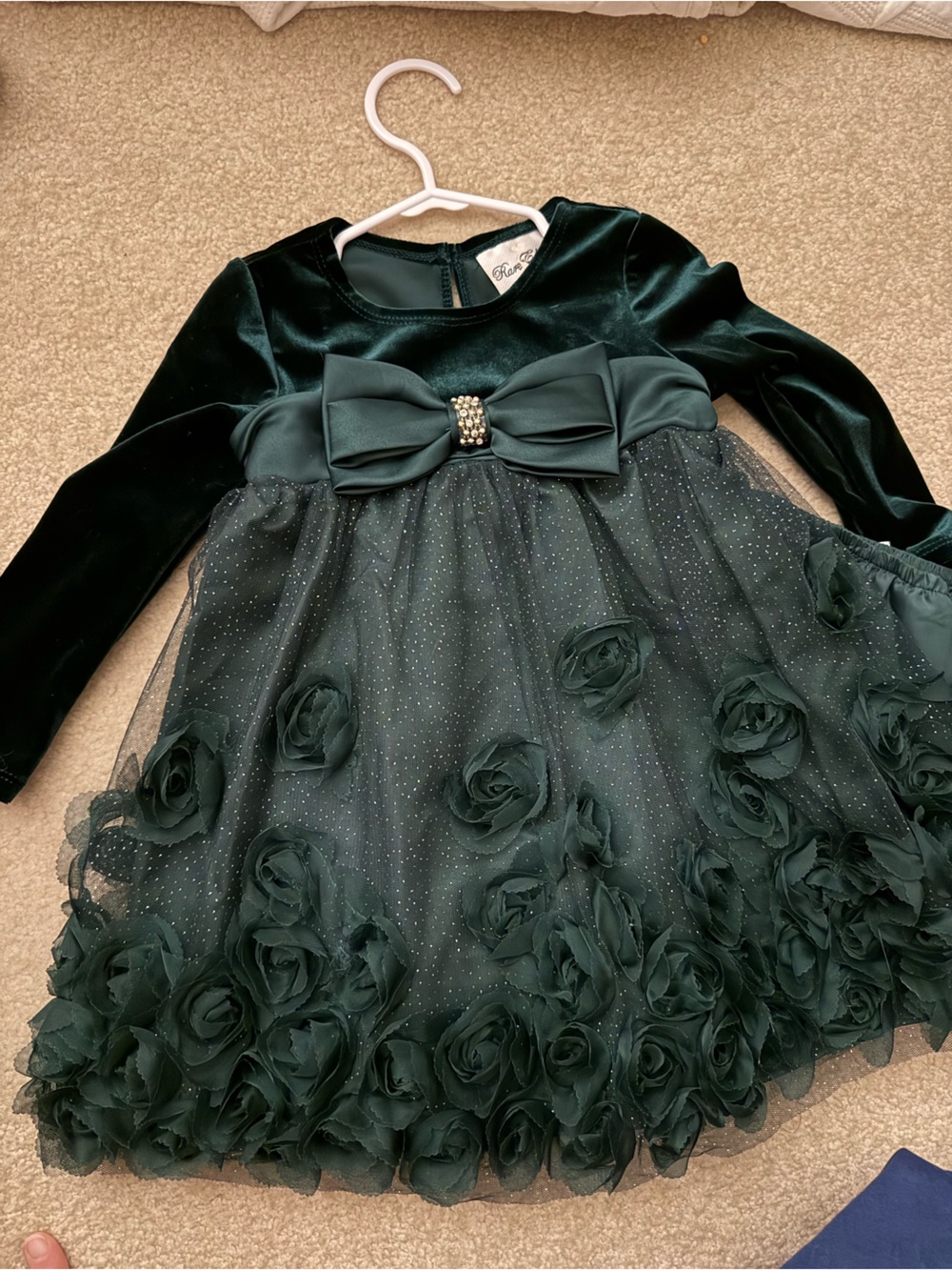 Emerald Green Velvet & Rosette Tulle Holiday Dress with Bloomers